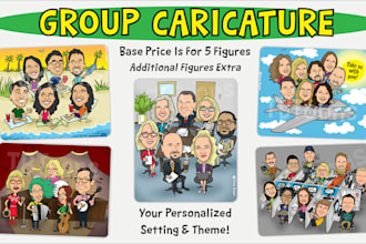 draw a group caricature with custom background