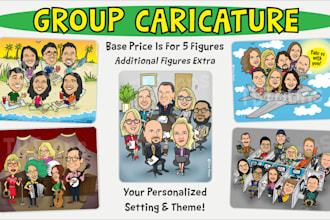 draw a group caricature with custom background