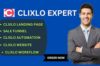 design clixlo website, clixlo automation on teachable , kajabi, sales fun