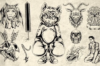 draw detailed black and white line art for tattoo design