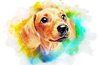 realistic oil painting or watercolor style pet portrait illustration