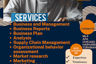 do strategic management, market research, business reports, and essays