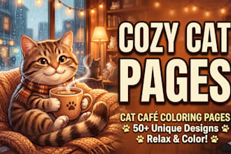 create cozy cat café coloring pages for KDP and etsy