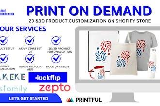 do shopify  pod  zakeke customily kickflip lumise 2d 3d t shirt website printify