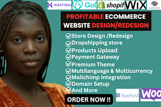 design webshop, wordpress ecommerce on godaddy,bluehost,hostinger,shopify or wix