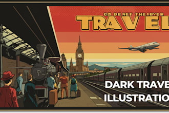 draw detail dark illustration, vintage, retro, modern travel poster, pop art
