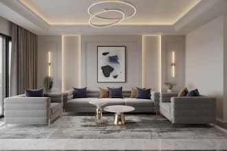 do 3d interior design of kitchen, bathroom and living room