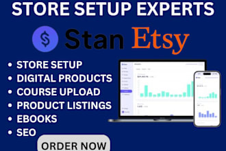 setup etsy store, stan store, etsy print on demand, digital product design, SEO