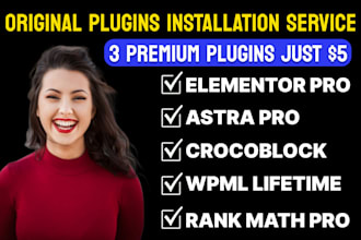 install elementor pro, astra pro, wpml, rank math pro, crocoblock license plugin