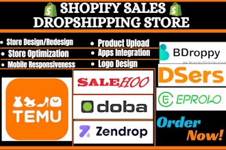 setup shopify dropshipping store via temu doba salehoo dsers zendrop bdroopy