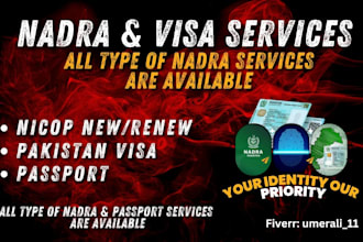 provide nadra nicop, passport renewal, visa assistance
