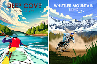 make vintage, retro, art deco, realistic travel poster or landscape illustration