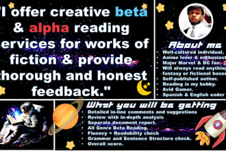 thoroughly read your literature as a beta or alpha reader