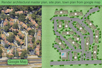 design architectural master plan, site plan, town plan from google map