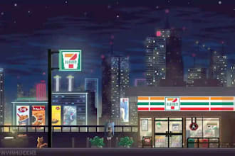 draw pixel art background pixel game environment assets, sprites and animations