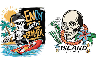 create hand drawn custom skull summer skeleton  beach logo