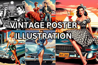 draw 1940s retro vintage art illustration, vintage poster design, travel poster