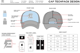 design a hat and cap with tech pack with mockup design