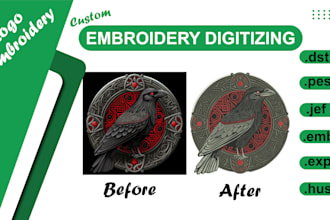 do custom embroidery digitizing logo, image into emb,  jef, dst, pes, exp file