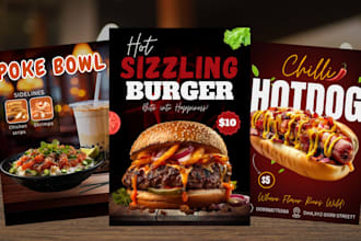 create unique food, burger, ice cream, drink, tea posters,and restaurant menu