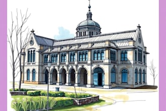 draw an architectural digital marker or watercolor sketches