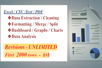 do excel data extraction, entry ,cleaning, merging, splitting, formatting