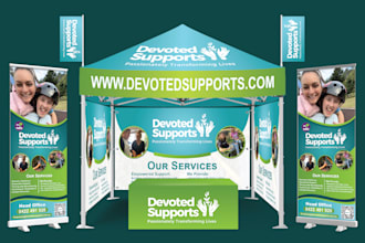 design roll up banner, table cover, canopy tent and backdrop
