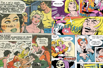 draw retro comic page, vintage comic illustration, 70s design comic book pop art