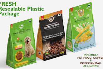on food packaging, stand up pouch bag, pet food, coffee bags and chips packet
