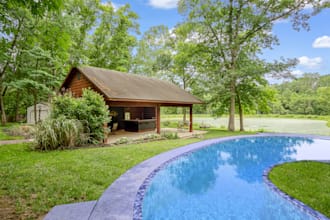 design backyard landscape, pool and merge with live photo