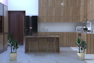 design kitchen interior design, 2d plan and 3d rendering
