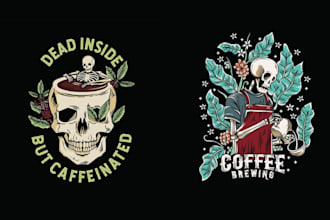 do retro coffee shop logo and skeleton barista illustration or hand drawn style