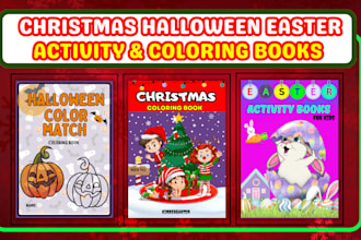 design kids activity books, coloring books for christmas, halloween, easter kdp