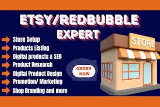 setup etsy print on demand, etsy digital store, redbubble, etsy product listing