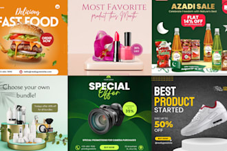 design social media posters,product banners, or food flayer design