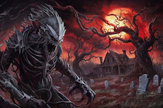 draw detailed dark, horror, metal, creepy art illustration