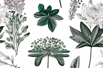 create botanical illustration of plants and flowers