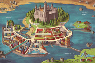 design a fantasy map in parchment style for novels and games