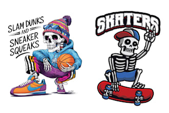 design cartoon of a skeleton playing basketball and skateboard logo