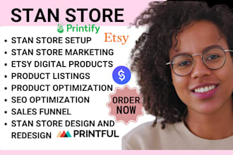 setup etsy shop, setup stan store marketing design etsy digital products or stan