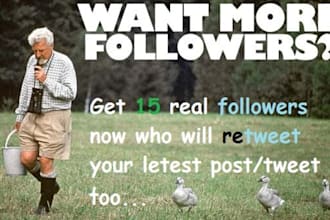 send 15 real/authentic Twitter users to follow you who retweet your latest post too