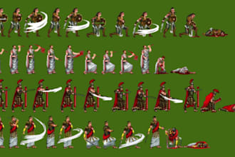 do pixel art character design, sprite sheet and animation, pixel sprite sheet