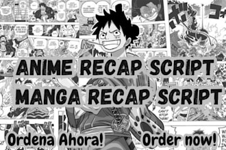write best manga, anime recap script for youtube channel in english and spanish