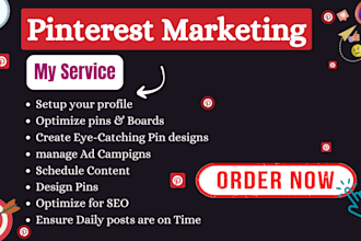 manage pinterest business account, design pins, SEO optimize boards for organic