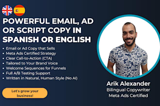 copywrite powerful ads, scripts or emails in english or spanish