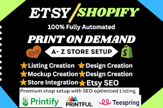 setup shopify etsy print on demand, product listing and SEO