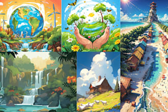 draw an environment illustration, concept art, youtube banner, chracters gameart