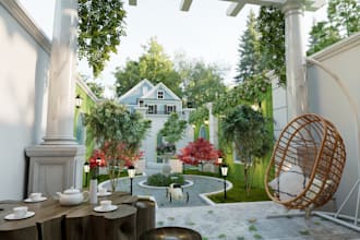 design landscape, backyard and create realistic 3d rendering