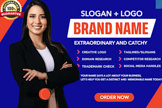 create 10 unique business names and slogan, brand names, product names and logo