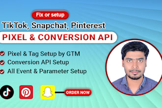 set up or fix tiktok pixel, pinterest tag, snapchat pixel conversion API via GTM